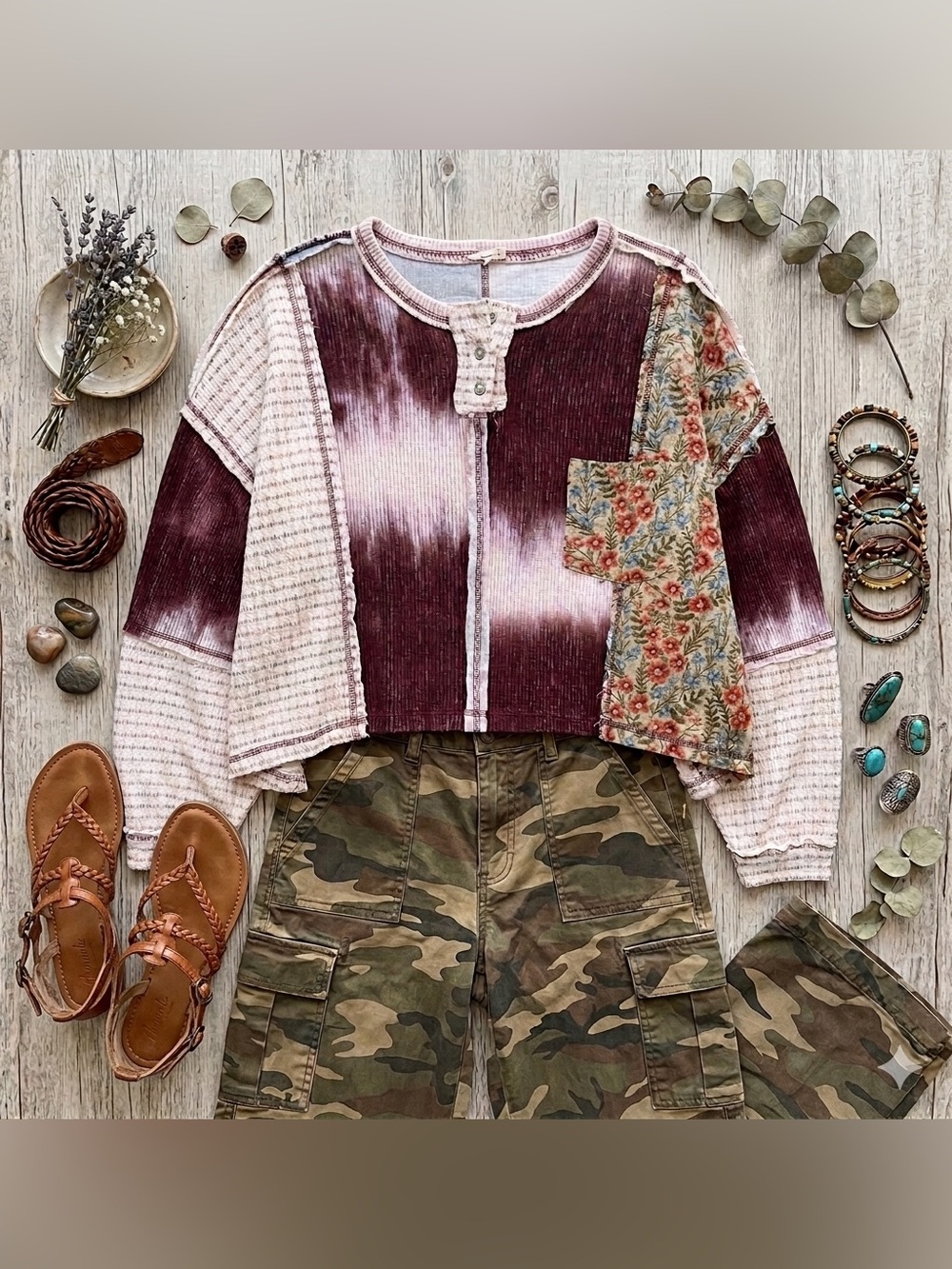 New POL Tie Dye Thermal Waffle Knit Floral Patchwork Top Oversized Small